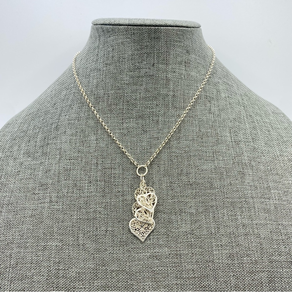 Sterling Silver Open Work Heart Cluster Chain Y-Drop Necklace Ornate Filigree